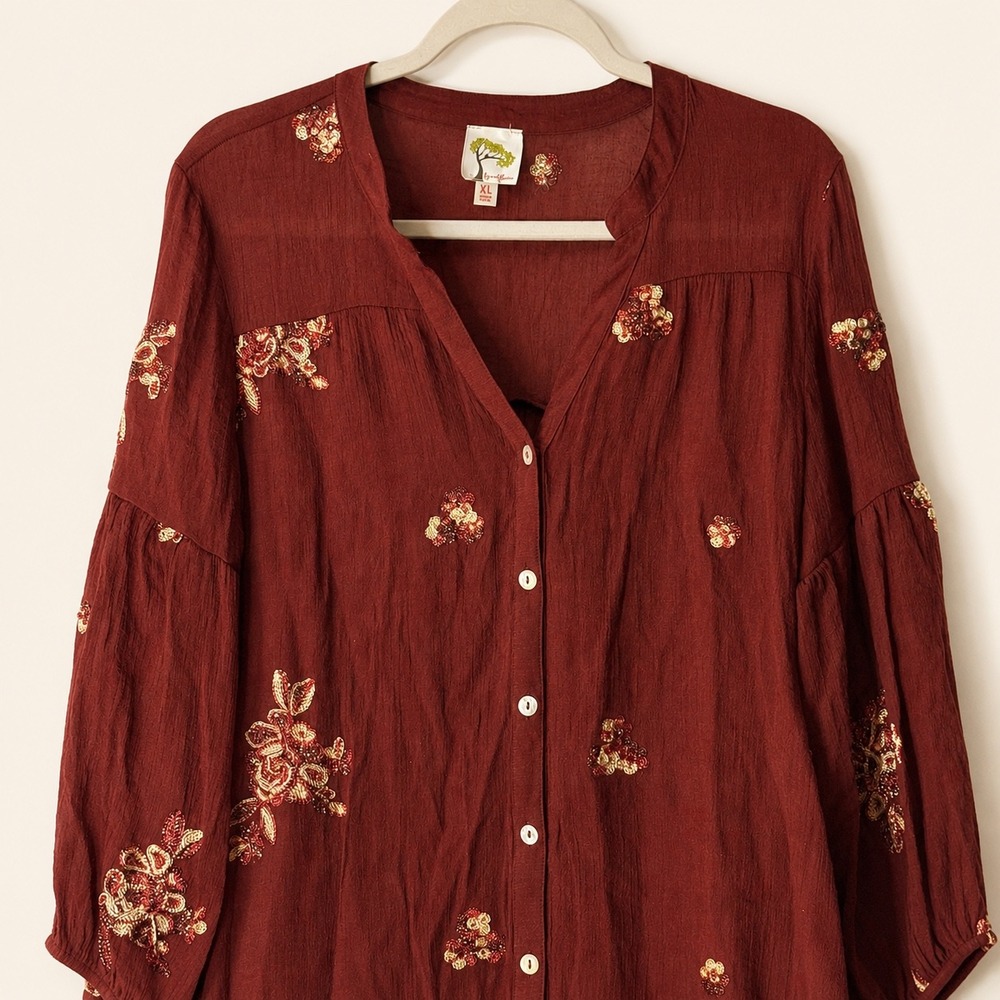 Fig and Flower Embroidered Peasant Blouse XL Burgundy Boho Top - Picture 3 of 8